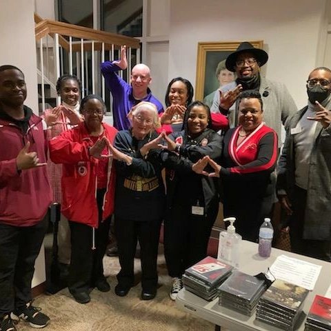 FACDST's tweet photo. On Thursday, we visited @hsc1776 to support our soror, Joan Trumpauer Mulholland, who was a featured speaker at their Black History Month program. Afterwards, we took photos with her and her son as well as with the other Divine 9 members. #BlackHistoryMonth #FACDST https://t.co/Jszhy7ttdG