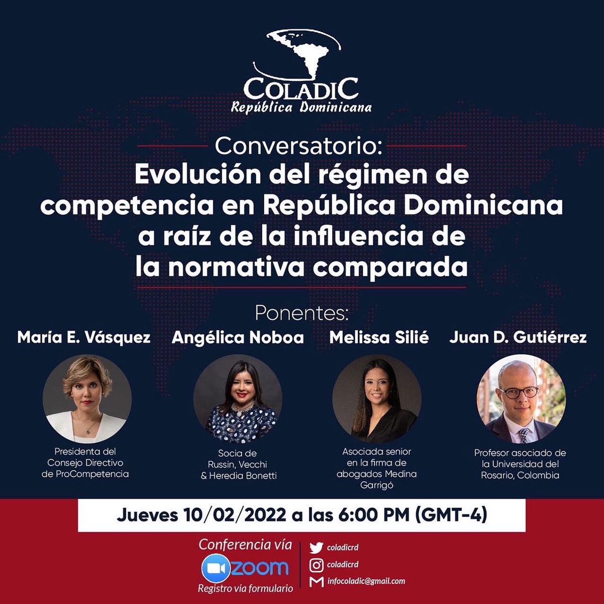 coladicrd's tweet image. Les invitamos al Conversatorio sobre la evolución del régimen de competencia en República Dominicana, a raíz de la influencia normativa comparada, que se efectuará el próximo jueves 10 de febrero, a las 06:00 p.m., vía Zoom.