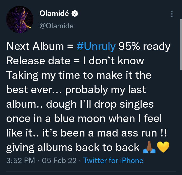 MorolakeAjoke's tweet photo. #Unruly is trending rn! Why?!
@Olamide set to drop a new Album (Unruly). Date not announced.
He said this would probably be his last Album but might be dropping singles once in a blue moon whenever he feels like.
#Unruly #Unruly #olamide #Badoo
#Whyitstrending https://t.co/Ee4DnZZVRz