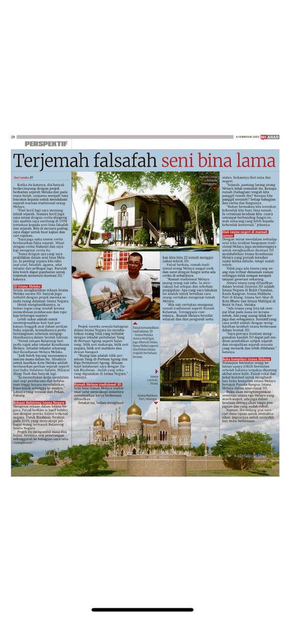 FaizalMamat4's tweet photo. Artikel tentang usaha saya memelihara warisan senibina Melayu mdlalyu penterjemahan ilustrasi 3D diterbitkan di Berita Harian hari ini https://t.co/nwUllpQFMe