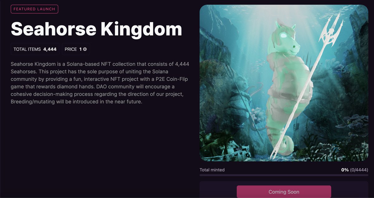 seahorsekingdom's tweet photo. Our @Magiceden Launchpad is up and will be live tomorrow at 9pm UTC! Get ready Seahorses, tomorrow we take the Solana Blockchain by storm! 

https://t.co/g7skiLoO7U  

 #NFT #NFTLAUNCH #NFTdrop #SolanaNFT #Solana #MagicEden #WAGMI https://t.co/uR8reUmkOn