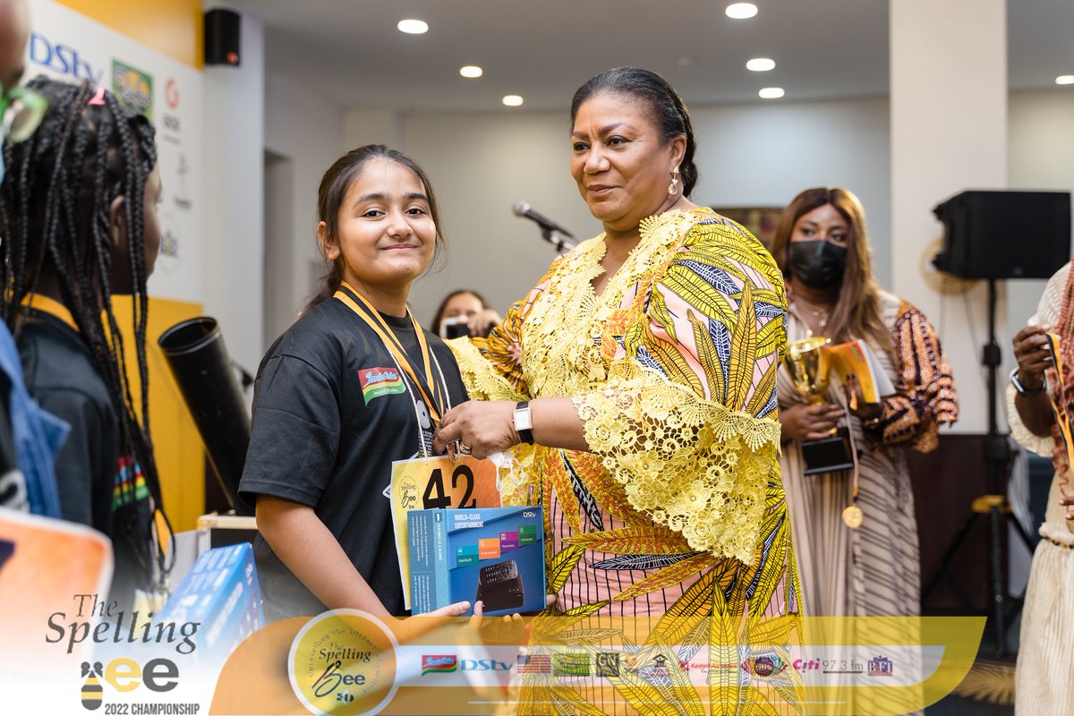 Channel1TVGHA's tweet photo. The First Lady, @RAkufoAddo with Aarna Bhaveshkumar Tailor,
2nd Runner-up at @TSBeeGH 2022 national finals.
Read more here: https://t.co/70ZYREsZge
#CitiNewsroom #TSB2022Finals #WordsOverMasks #SpellingBeeyondBorders https://t.co/8ZWHgSFUTE