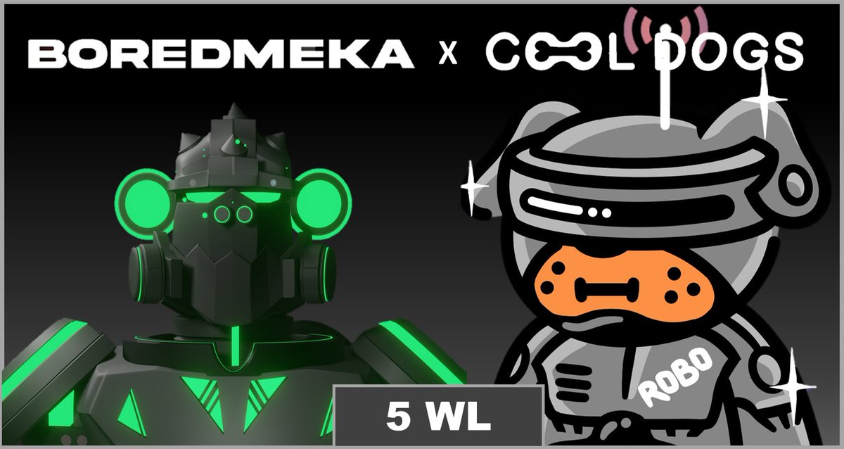 Cool Dogs are Teaming up with Bored Meka to #giveaway 5 WL spots  

🐶To Enter 🤖

- Follow <a href="/BoredMeka/">Bored Meka Genesis</a> , @Cool_Dogs_ 
- Like and RT
- Tag  3 NFT friends 🐶

Winner Chosen in 48h GL