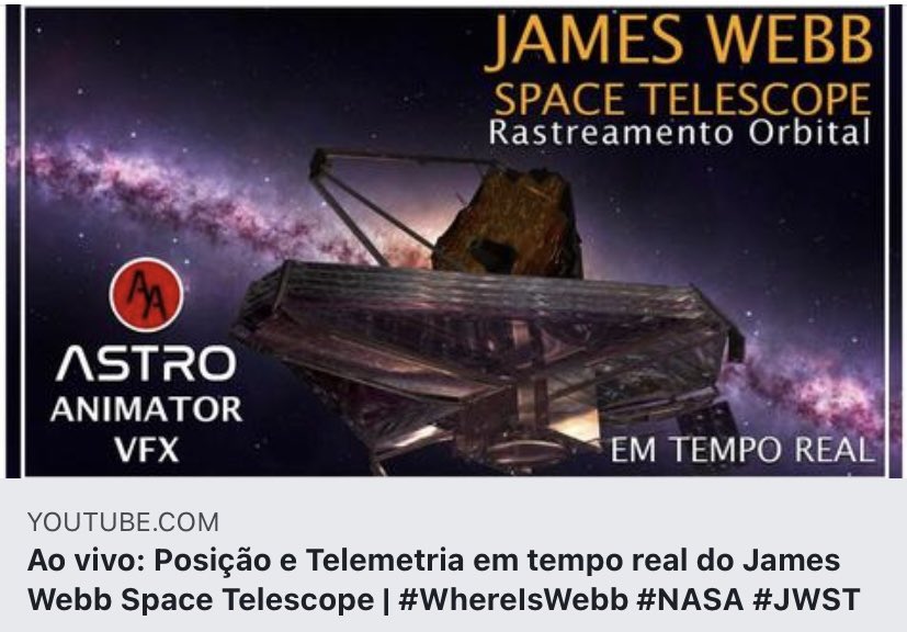 Chris_AstroVFX's tweet photo. A Live de Tracking ainda está no ar no mesmo link de ontem pessoal!
Ao vivo: Posição e Telemetria em tempo real do James Webb Space Telescop... 🔴: https://t.co/4eiaTazxCE
#JWST #Tecnologia #WhereIsWebb #JamesWebb #Webb https://t.co/mK9Zcid9Hy