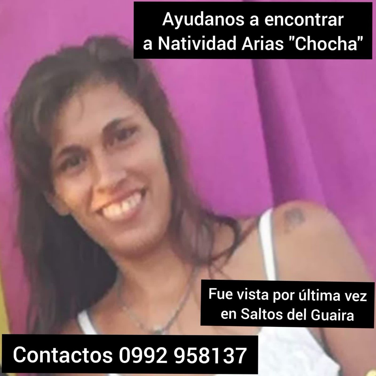 Urgente! Con ruego de difusión 
Buscamos a Natividad Arias “Chocha”
Su lugar de trabajo es Saltos del Guairá. Ayer debió venir a Asunción. No llegó y su familia no tiene noticias de ella.
Retwitt🙏🏻