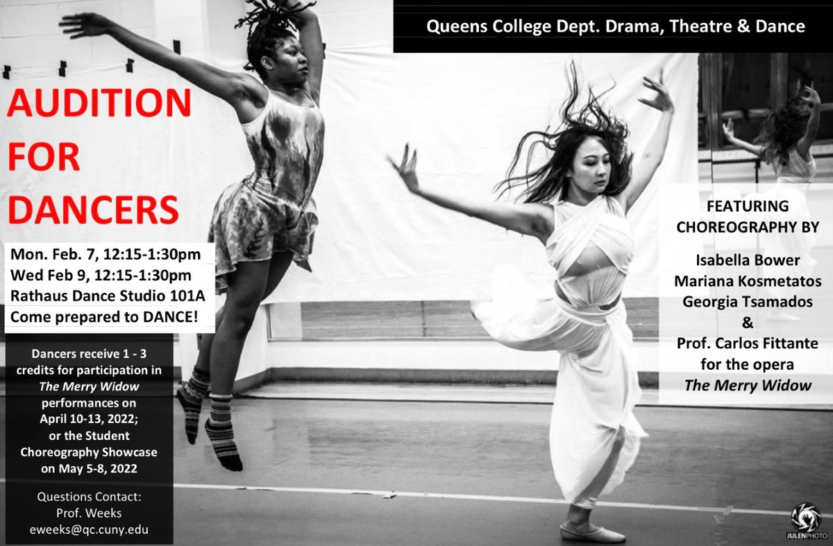 QCToday's tweet photo. Audition for Dancers
2/7, 12:15 pm
2/9, 12:15 pm
Rathaus Dance Studio, 101A

Dancers receive 1-3 credits for participating in events this spring. Questions? Email: eweeks@qc.cuny.edu https://t.co/PZraypZyzJ