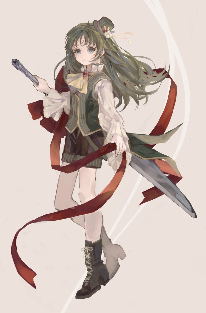 1girl solo hat green hair long hair holding boots  illustration images