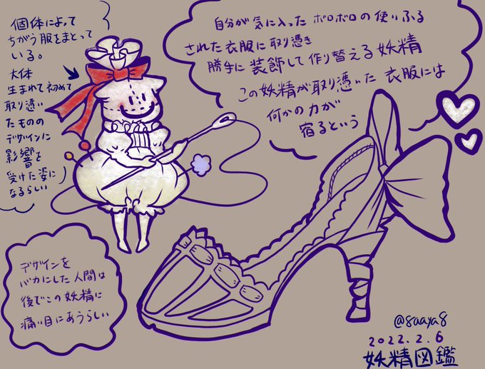 【8あーや8妄想妖精さん】

衣服に取り憑く妖精
自分が気に入ったボロボロの使い古された衣服などに取り憑き、勝手に自分好みに作り替える。
作り替えられたものには何らかの力が宿ると言われている。

#8あーや8の妄想 