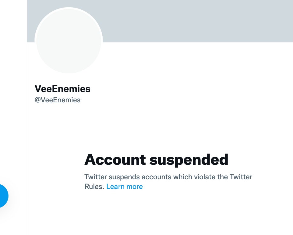 VeeEnemiesNFT's tweet photo. Hey Enems!

This is the new VeeEnemies twitter account!
Unfortunately our VeeEnemies twitter account was suspended with 910 followers. We believe it could have been compromised or a mistake. 

Discord is still up, see ya in there! https://t.co/4kelQmuhSZ