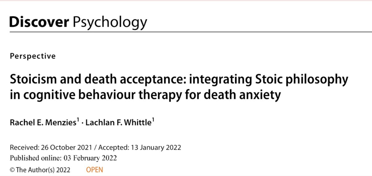 New paper alert! 🎉 I had so much fun writing this paper (who knew that could happen?) and I'm so thrilled it's finally out. We discuss why & how to integrate #Stoic philosophy in #CBT for #DeathAnxiety.

It's open access & available here: rdcu.be/cGkzS

#Stoicism 🪦🏛️