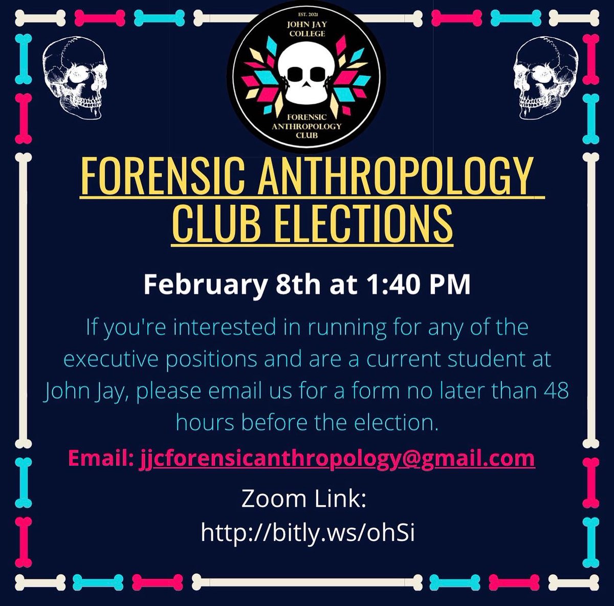 JJCFOSANT's tweet photo. The JJC Forensic Anthropology Club has rescheduled elections to Tuesday February 8 at 1:40pm. If you're a John Jay student please feel free to come vote! 
Zoom link: https://t.co/T80zcACKxH https://t.co/cweeQbDvCS