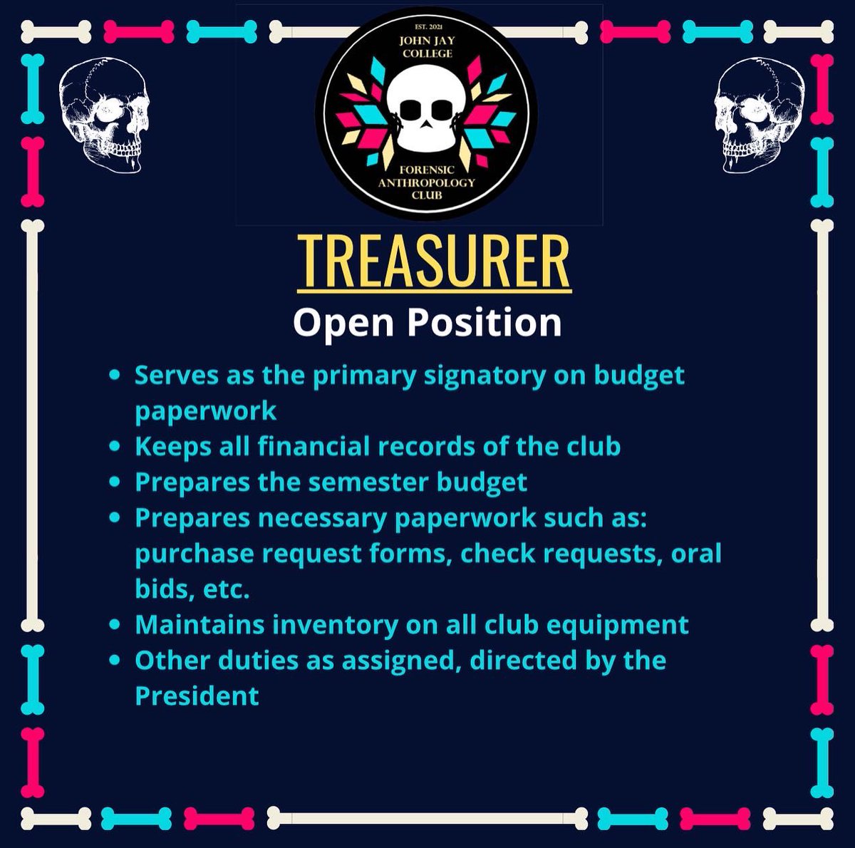 JJCFOSANT's tweet photo. The JJC Forensic Anthropology Club has rescheduled elections to Tuesday February 8 at 1:40pm. If you're a John Jay student please feel free to come vote! 
Zoom link: https://t.co/T80zcACKxH https://t.co/cweeQbDvCS