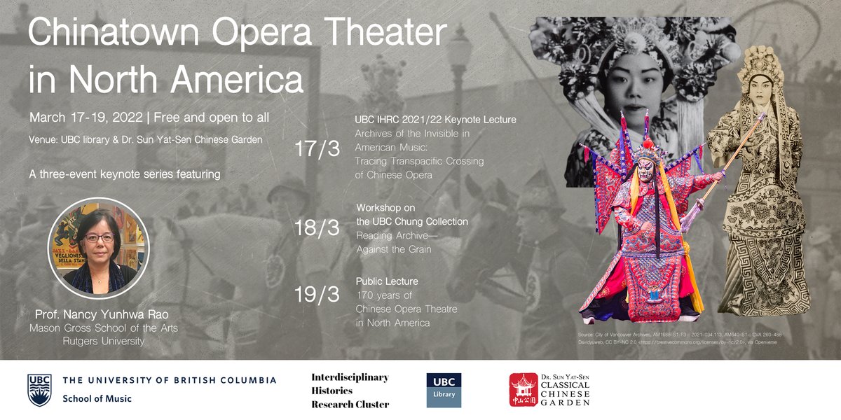 hedylaw's tweet photo. Professor Nancy Rao of Rutgers University will deliver three in-person lectures in Vancouver on March 17-19 on Chinatown music theater in North America before WWII. Come attend the talks if you are interested in China and global music history. Registration details to follow. https://t.co/3dEETFBgnZ