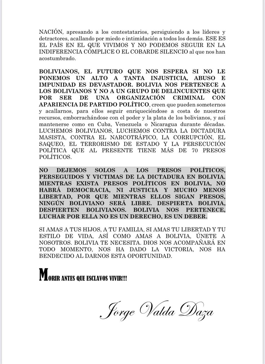 jorgevaldaza's tweet photo. CARTA A TODOS LOS BOLIVIANOS
Léeme y comparte. BOLIVIA NOS NECESITA.
#DespiertaBolivia
#MorirAntesQueEsclavosVivir https://t.co/1dY6KV4dq6