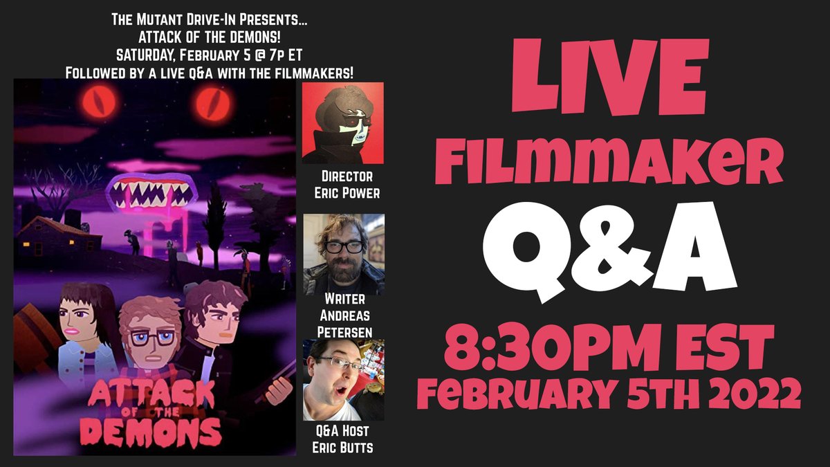 TheEricButts's tweet photo. Zoom changed my live stream location... watch the #AttackOfTheDemons Director and Writter Q&A here: https://t.co/4Sx45mg0Nd
Please Retweet! #Mutant Fam #MutantDriveIn https://t.co/IqNgO02DsC