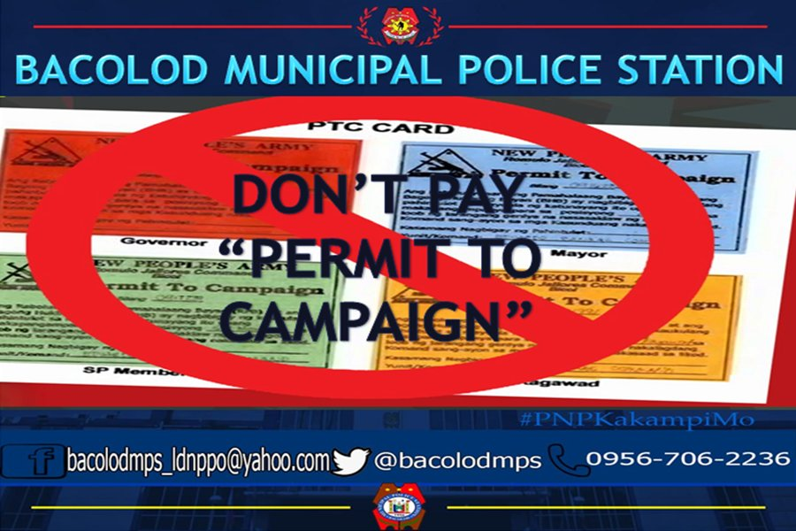bacolodmps's tweet photo. Do not pay ‘permit to campaign’, ‘permit to win’ fees to CPP-NPA
#PNPKakampiMo
#WeServeAndProtect
#TeamPNP https://t.co/PkdEdT0Qqd