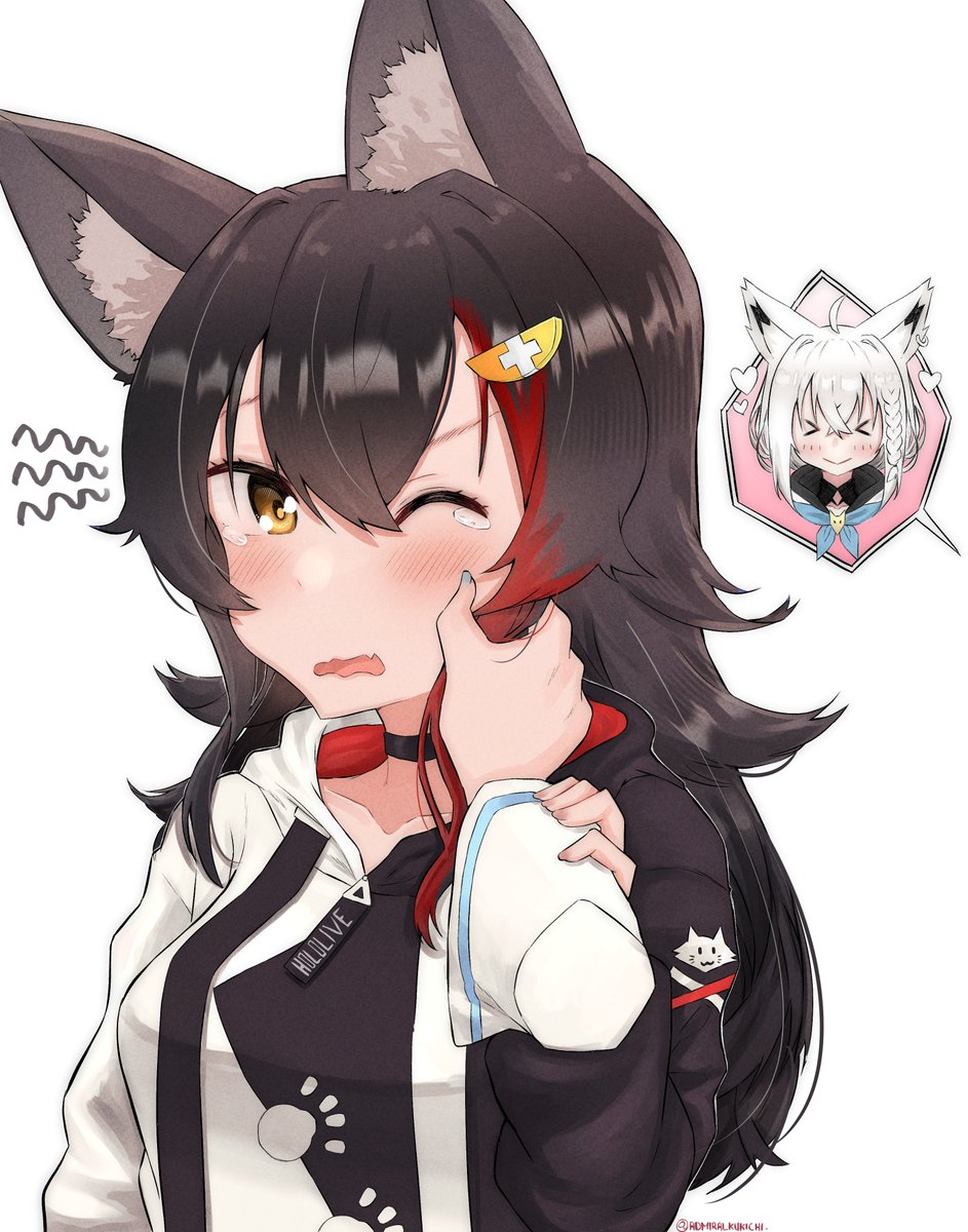 大神ミオ ,白上フブキ 「つままれたかわいい頬 🐺💢🦊
#絵フブキ 
#ホロライブ
#みおーん絵 」|🌲提督.くきち🌲のイラスト