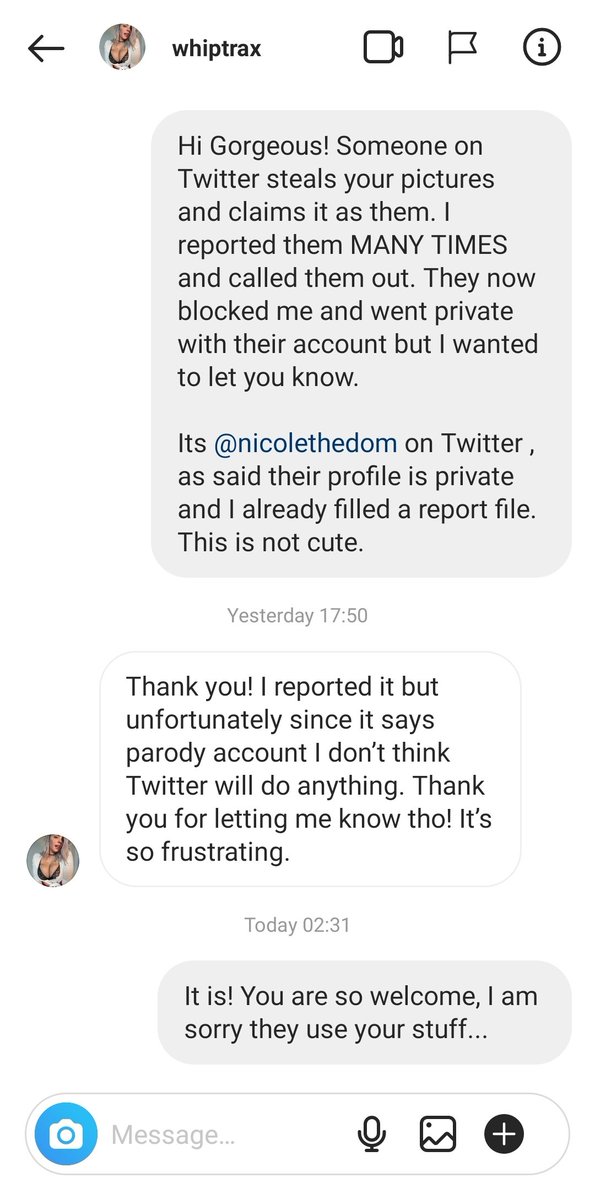 UrLittleSleeve's tweet photo. // To everyone who didn't believe me when I said @Nicolethedom is a catfish.

She used @/realwhiptrax content and said THATS HERSELF.

I DMed whiptrax on IG and she herself reported @nicolethedom to Twitter.

Roleplay is one thing, catfishing another. https://t.co/lGtVSwM6GV