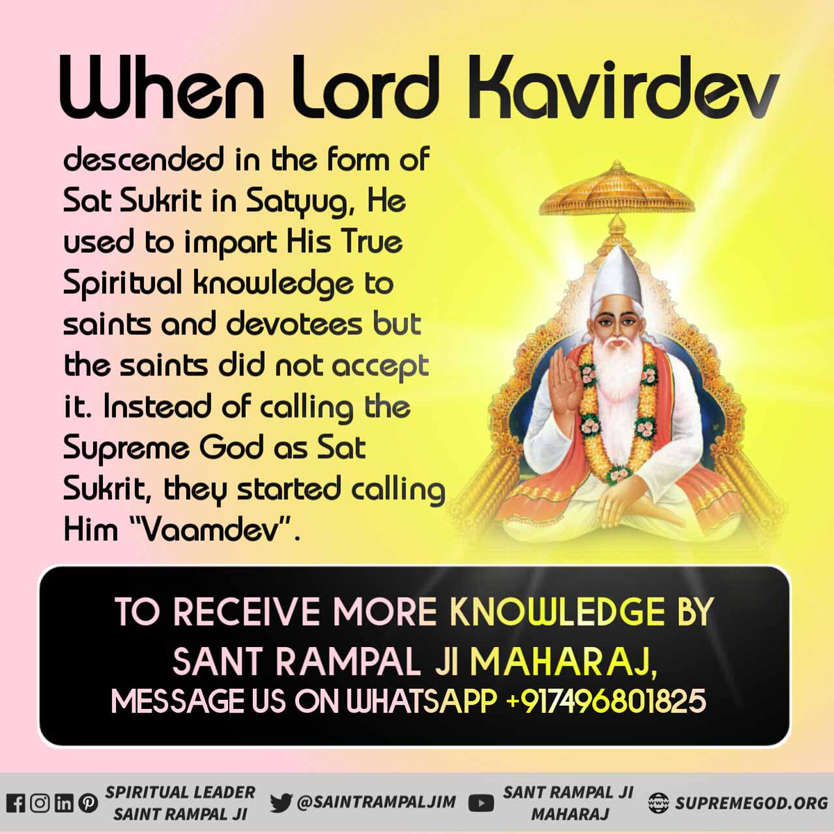 simple_LivingR's tweet photo. #RealGod_Is_Kabir
When Lord kabirdev descended in the form of sat Sukhrit in satyug. He used to impart his true spiritual knowledge to saints and devotee but the saints didn't accept it. Instead of calling the supreme God as sat Sukhrit, they started calling him vaamdev. https://t.co/DNQzkyxq0w