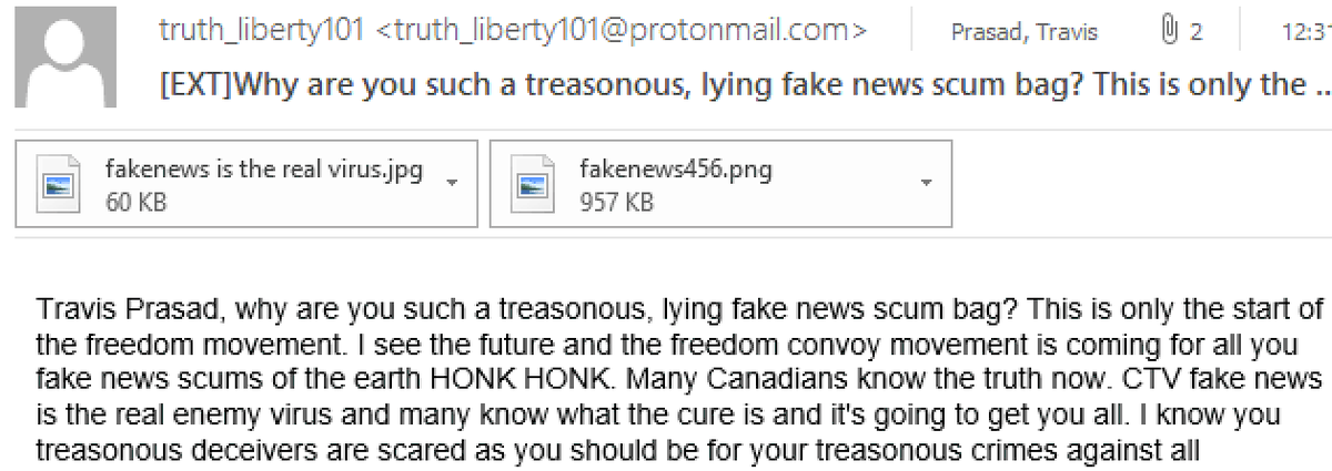 Some fan mail in response to my reporting today. Shout out to each and every journalist across Canada facing abuse, harassment, and vitriol... while trying to make deadline. 

Some tend to forget freedom of the press is also in the Canadian Charter 🙃