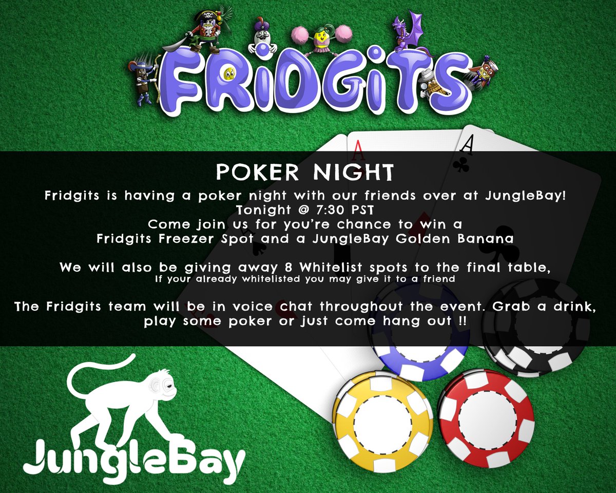 POKER NIGHT!!
Come join Fridgits and our Friends over at JungleBay 
for a night of fun with some awesome prizes!
discord.gg/fridgits
#FridgitsNFT #JungleBayApeClub  #Nfts #NFTCommunity #NFTCollection #Nftgaming #NFTGiveaway