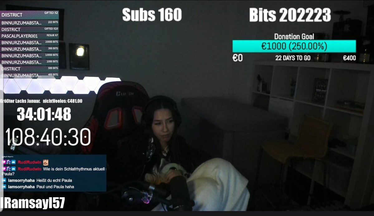 Joaaa... erster Subathon.. wat soll ich sagen. 34 Stunden sind geschafft und aktuell haben wir noch 109 vor uns. Entspannt. Bin euch allen so unendlich dankbar für den ultrakranken Support! 💙 Paula übernimmt gerade ein wenig den Stream während ich mich ausruhe. 🦄