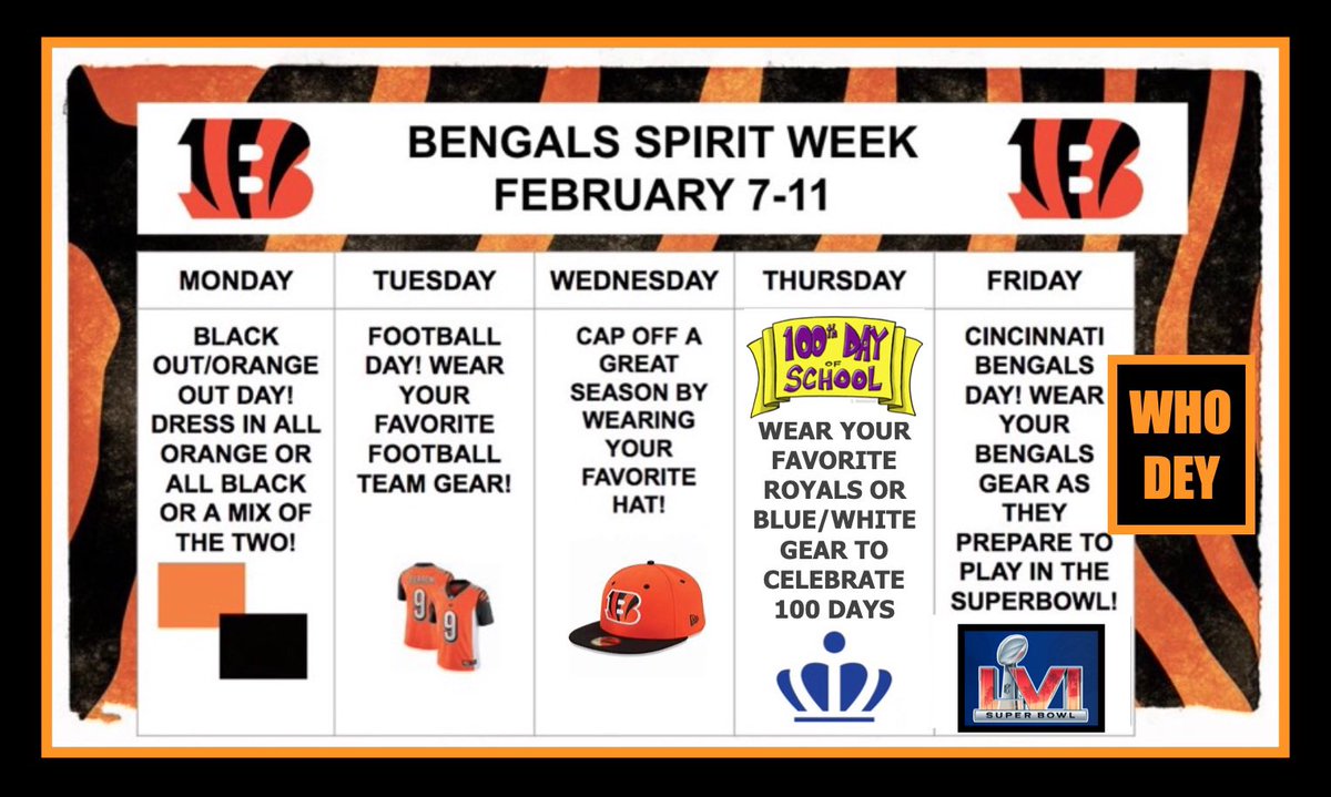 MCISRoyals's tweet photo. MCIS will be having Spirit Week on February 7 - February 11 to celebrate the upcoming Super Bowl & our 100th Day of School! Adding a little #MagicOfMason to our week. Hope everyone can participate! #MCISFamily #WhoDey https://t.co/sXNJzExZ2D