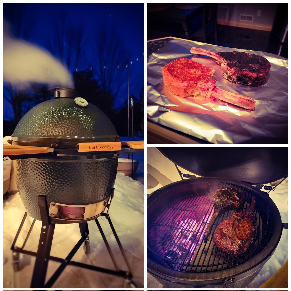 The <a href="/Biggreenegg/">Big Green Egg</a> rocked some Tomahawk ribeyes in this frigid weather. @hardcorecarnivore Black rub definitely lived up to its name!