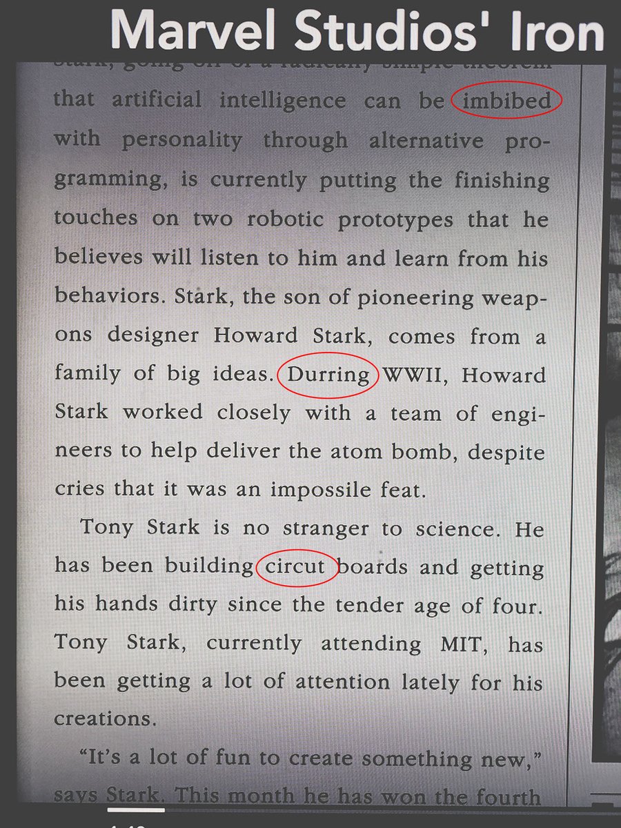 Holy hell, <a href="/MarvelStudios/">Marvel Studios*</a>—what's with all the nonsense in the newspaper clipping at 4:43 of Iron Man? Surely you have spell-check amongst all that tech. And it's imbued, not imbibed.