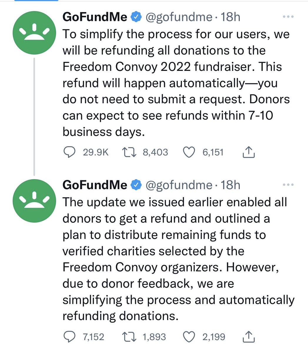 flashed12's tweet image. GoFundMe has backed down and will automatically refund everyone’s money. They did this because if people requested a refund through their BANK they would have had to pay a $15 fee for each transaction. 
The people broke them!