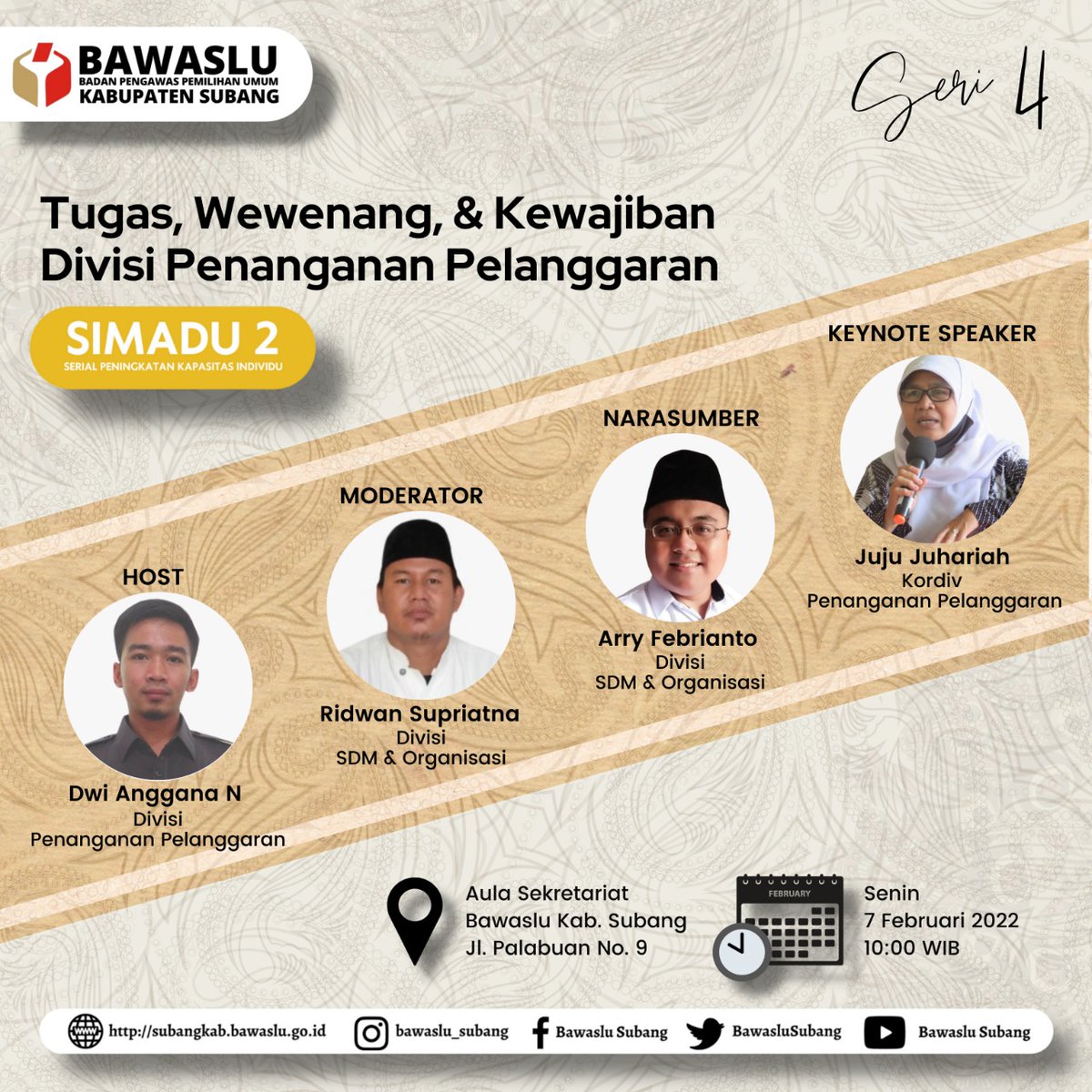 BawasluSubang's tweet photo. #sahabatbawaslu
Kembali lagi dengan SIMADU 2 Seri ke-4 dengan Tema "Tugas, Wewenang dan Kewajiban Divisi Penanganan Pelanggaran" dengan Keynote Speaker Juju Juhariah, dan narasumber Arry Febrianto.
#simadu
#bawasluinformatif
@BawasluSubang https://t.co/3FwUSGk3lv