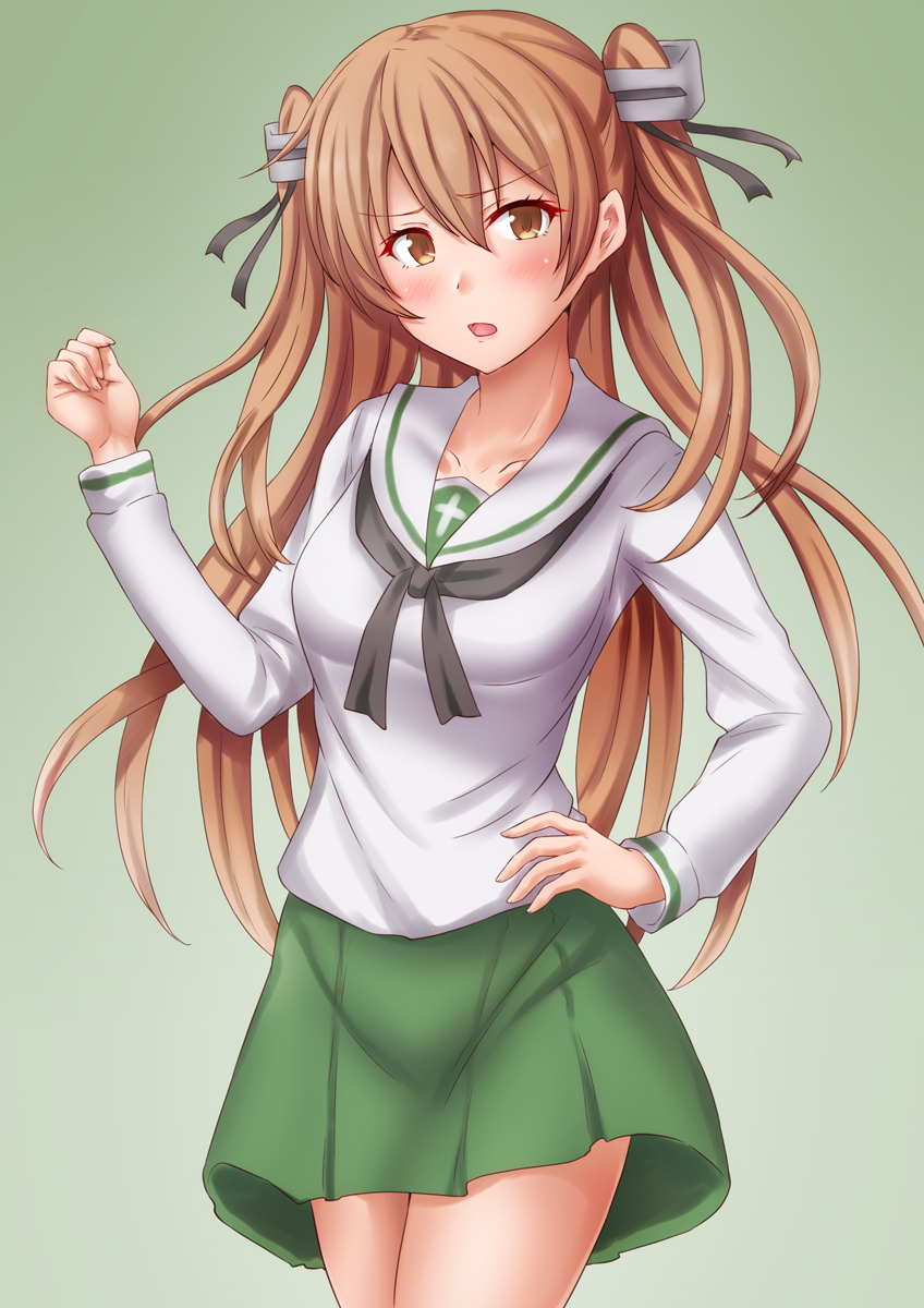 johnston (kancolle) 1girl solo school uniform skirt long hair serafuku gradient background  illustration images