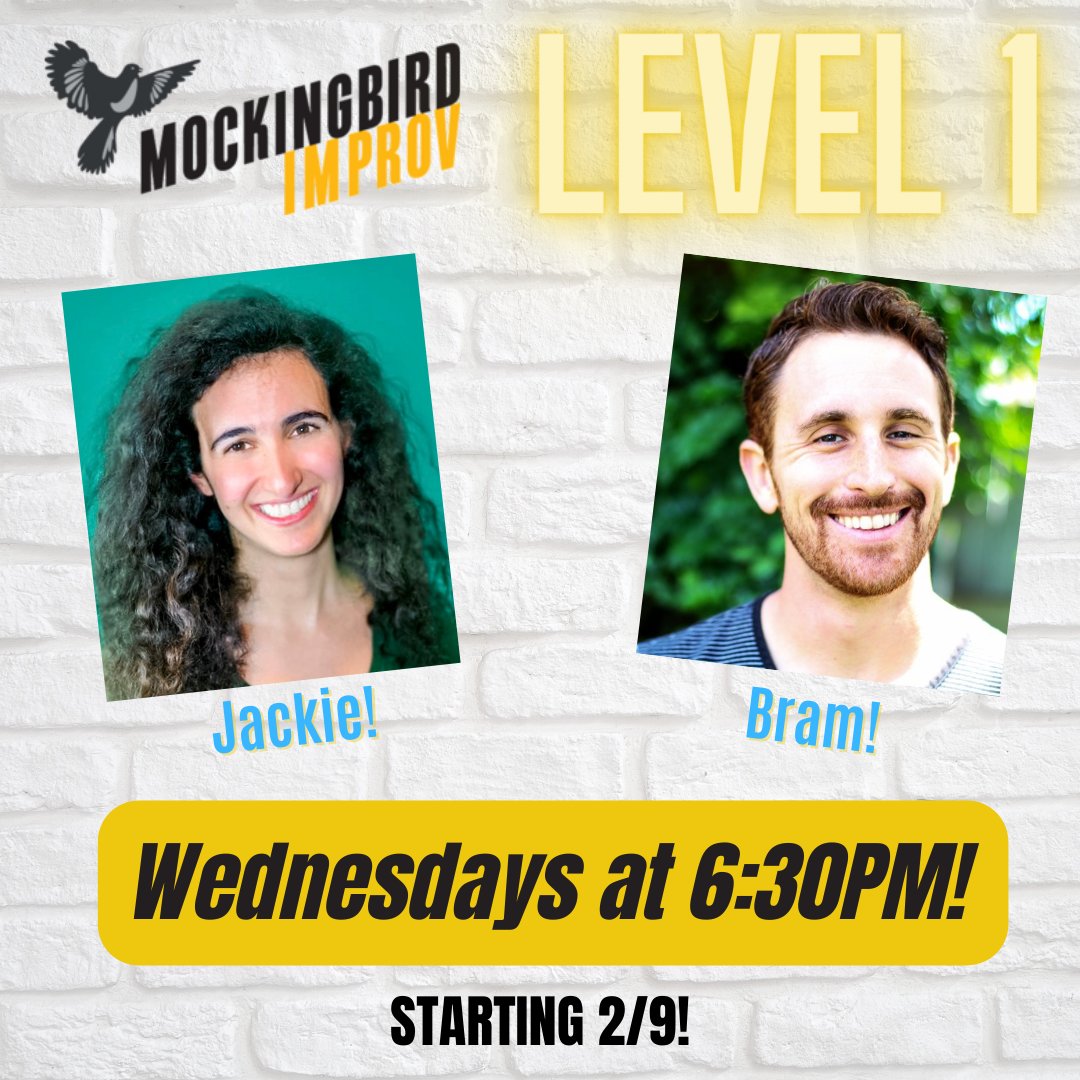 Mockingbirdprov's tweet photo. Our next Level 1 Intro to Improv class starts this Wednesday! 🎉 Jackie and Bram will guide you through the basics of improv in our 6-week course. 

Save your spot: https://t.co/BTiVtbfaHV https://t.co/rHozc1XcmT