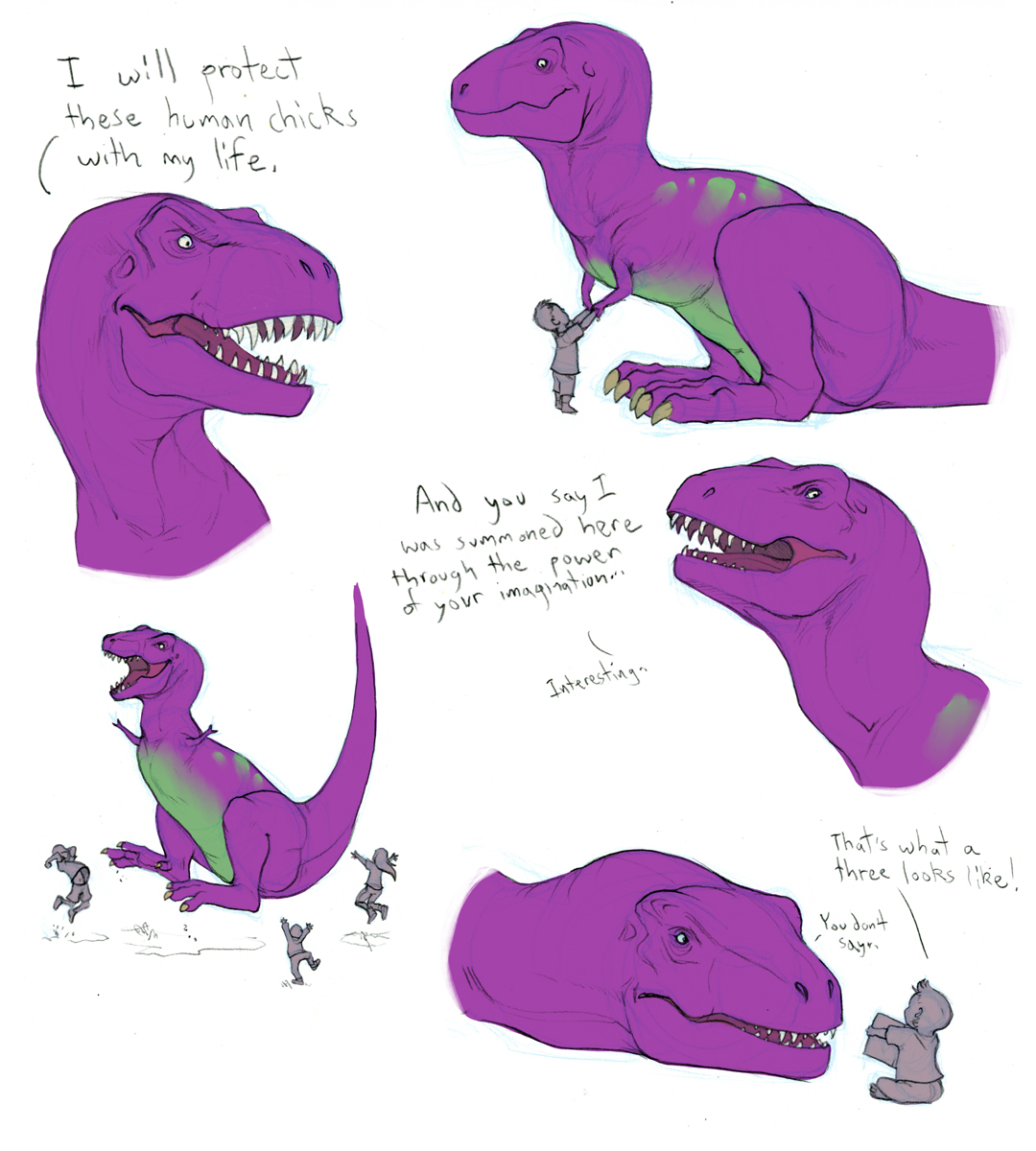 Barney only he's just a regular T Rex who doesn't know why he's been left in charge of young mammals or where their parents are, but he's a total dad so he's gonna do it.