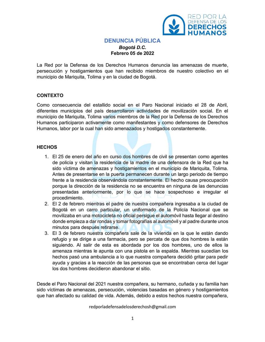 RedPorDDHH's tweet photo. Desde la Red por la Defensa de los Derechos Humanos rechazamos los actos de persecución y hostigamiento de los que ha sido víctima nuestra compañera y su familia.

La situación se torna cada vez más delicada y el estado aún no garantiza su protección. https://t.co/y6v81FagnB