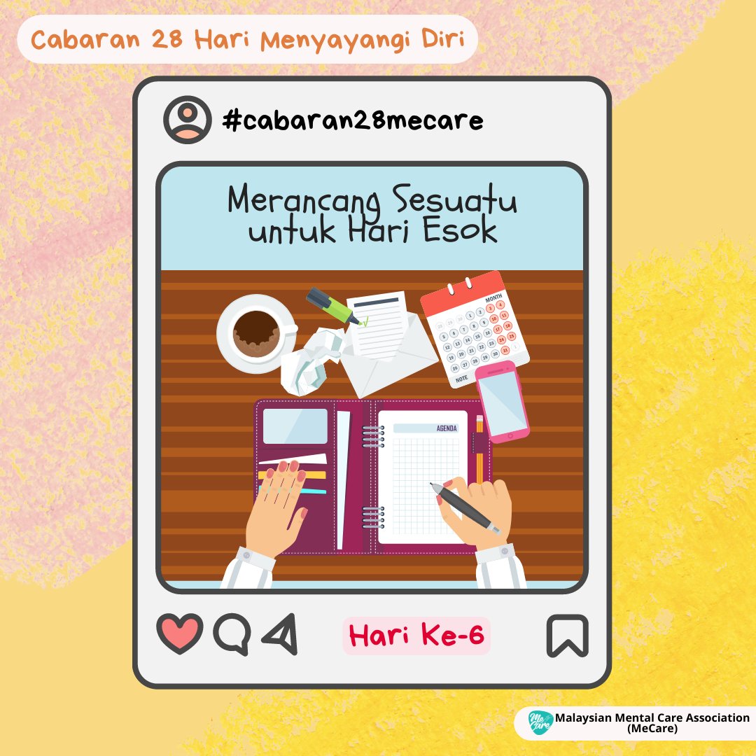 mecare_my's tweet photo. #Cabaran28Mecare
#Hari6

Merancang sesuatu untuk esok

Perancangan merupakan kunci utama produktiviti. Bagi mereka yang mempunyai gejala andehonia (hilang minat dalam sesuatu perkara), merancang juga dapat membantu mengawal gejala tersebut.

[Bebenang] https://t.co/nCmTmUmKah