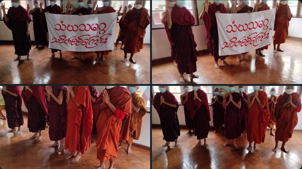 GiGi71908391's tweet photo. Monks from Sangha Union of Mandalay demand for an immediate end to all of Burma's suffering. They also performed sermons &amp; prayed for federal democracy's development.   #GlobalArmsEmbargo #2022Feb6Coup #WhatsHappeningInMyanmar https://t.co/eV9j46DTpv
