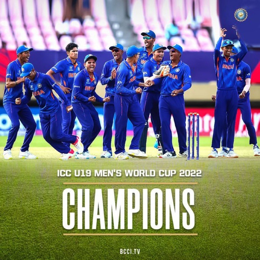 mpparimal's tweet photo. A stellar performance by the #BoysInBlue to help India win its fifth #U19WorldCup. Highly impressed by the skills, perseverance, and maturity displayed by this #IndiaU19 team to remain unbeaten throughout the tournament and win the #U19CWCFinal in style.
@BCCI @GCAMotera https://t.co/kEFY8WUnzr