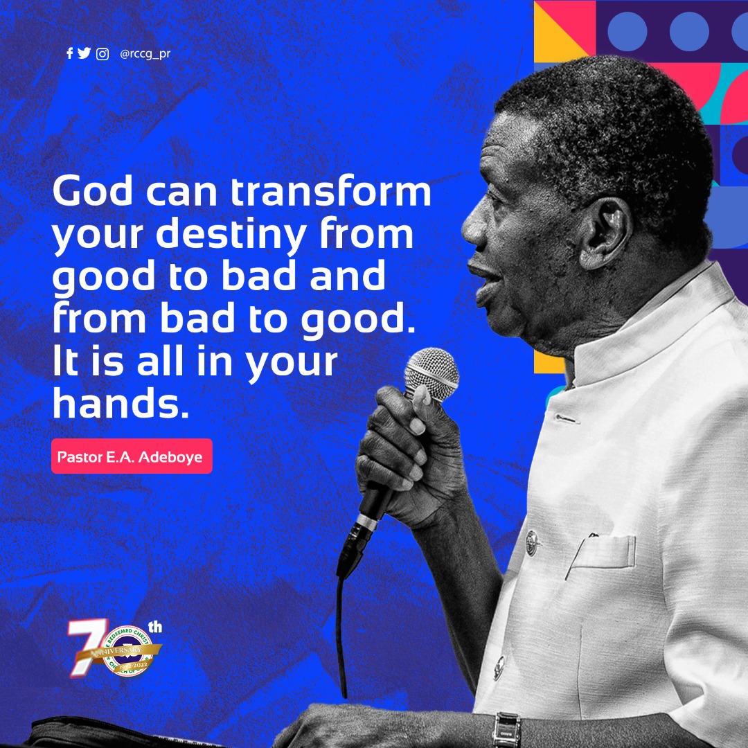 RCCG_PR's tweet photo. God can transform your destiny from good to bad and from bad to good.
It is all in your hands.
- Pastor Adeboye
February 2022 Thanksgiving Service
#TransformedDestiny https://t.co/yFMOQY8KgY