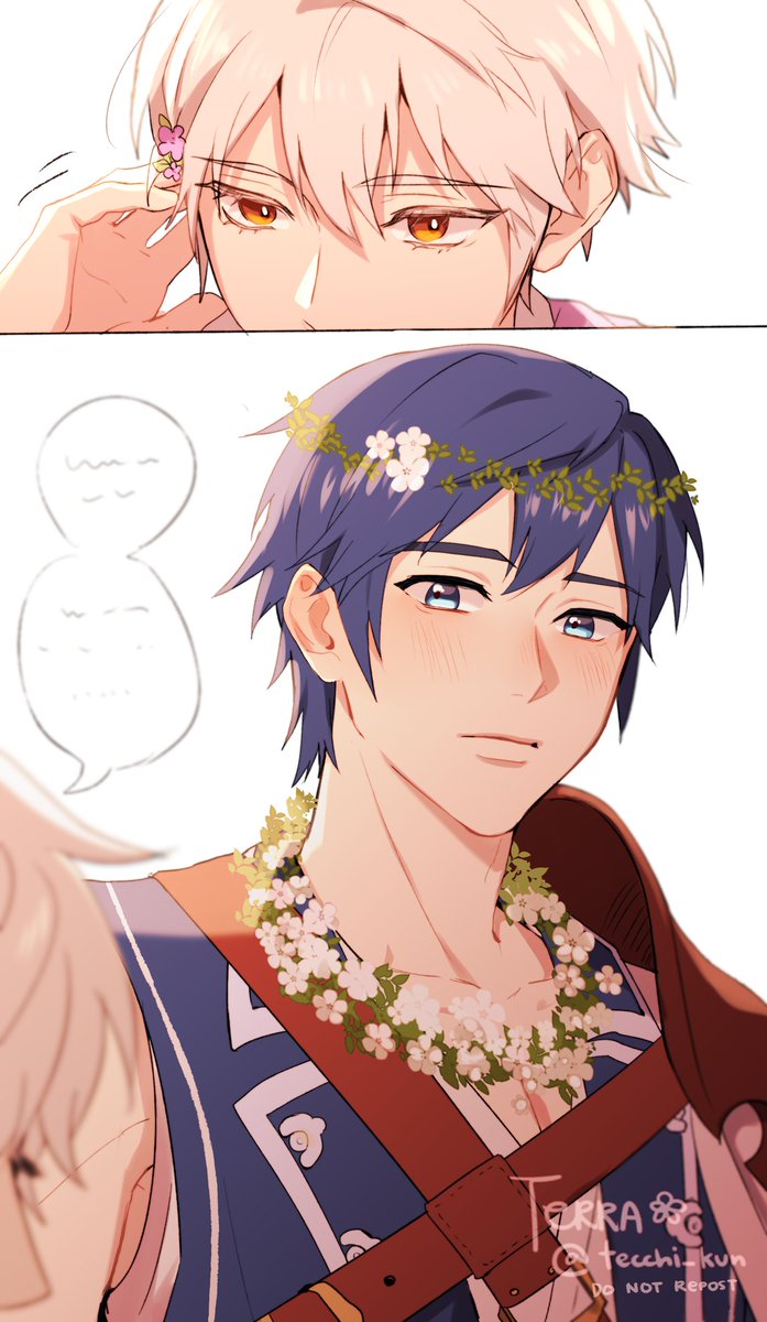 chrom seems like he might be a little embarrassed with robin looking up at him 