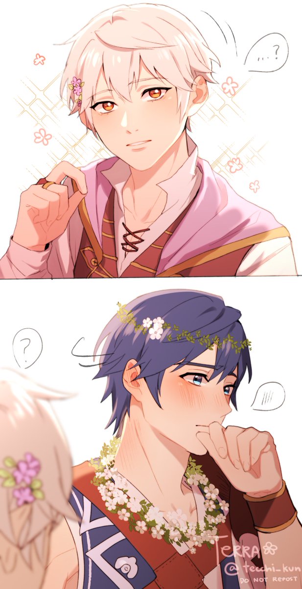 chrom seems like he might be a little embarrassed with robin looking up at him 