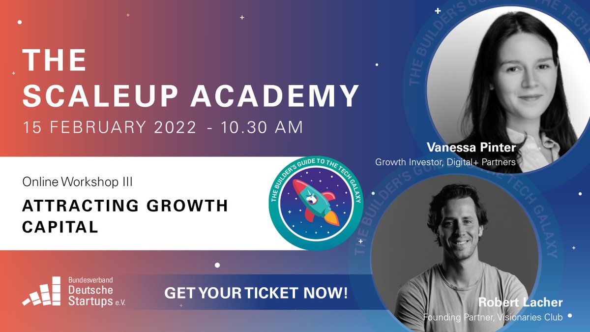 StartupVerband's tweet image. 🤓 Let’s do some straight talking! In our 3rd session Vanessa Pinter and Robert Lacher will reveal “How to attract #GrowthCapital” in order to boost your #startup to a #scaleup. 

Tickets: deutschestartups.org/events/scaleup…