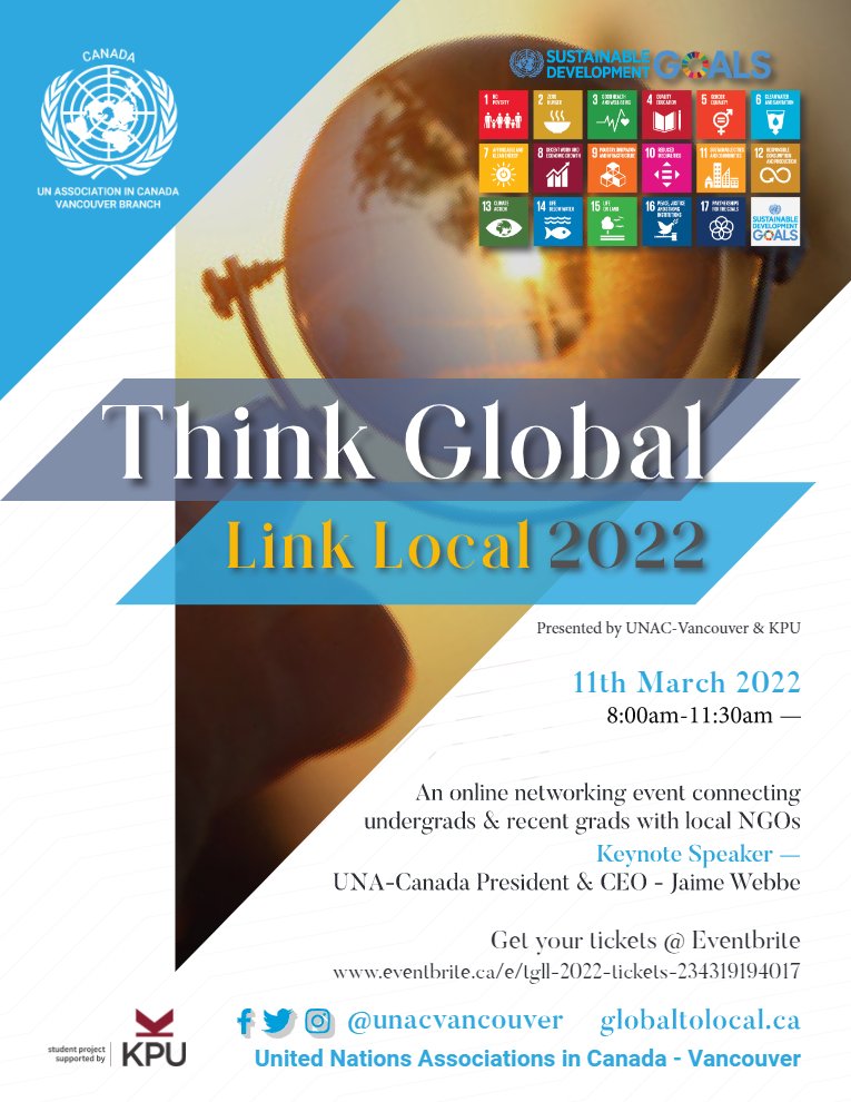 UNACVancouver's tweet photo. UNAC Vancouver's annual networking event #TGLL is taking place March 11th, 2022! You don't want to miss out on this amazing opportunity to connect with local NGO's and expand your horizons! This year's keynote speaker is UNA-Canada President Jaime Webbe!
https://t.co/YFpd01EAVs https://t.co/NRaAYMjtNS
