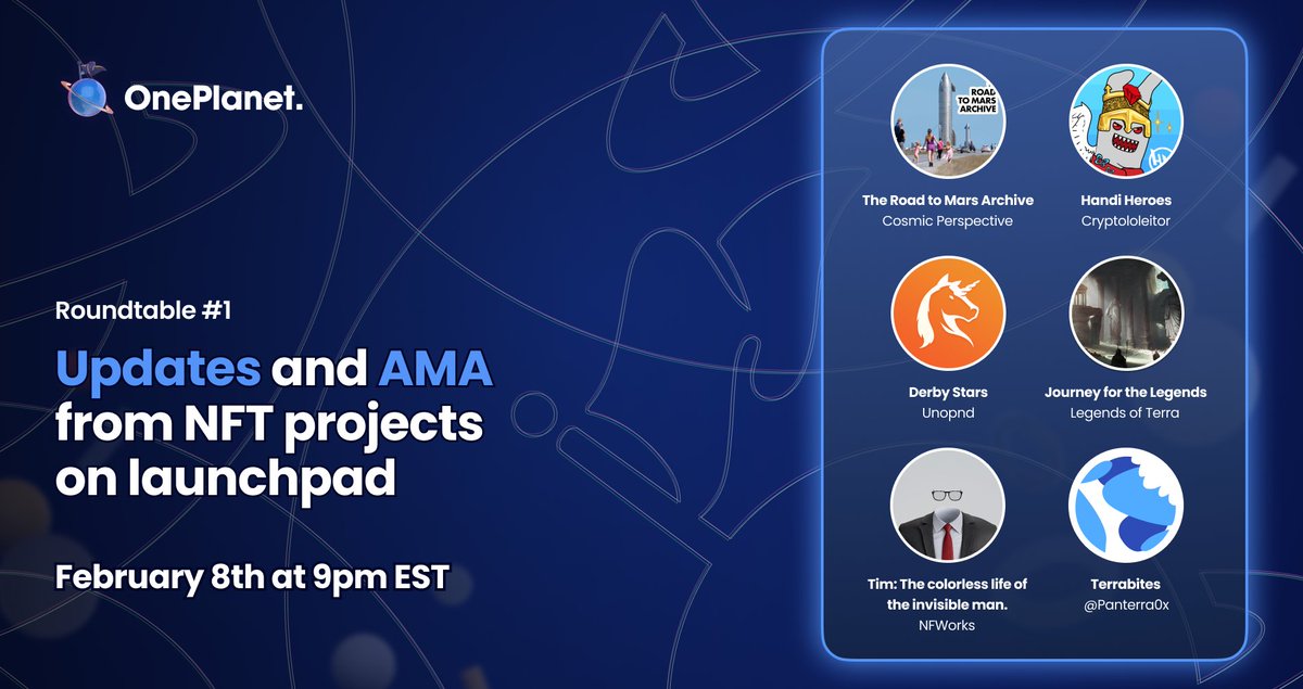 Hi #LUNAtics 🌕

Join us on twitter spaces, Tuesday February 8th at 9pm EST for the first NFT Roundtable 1⃣🪐

Guest list:
<a href="/Panterra0x/">panterra ☀️</a>
<a href="/RoadToMarsNFT/">The Road To Mars Archive</a>
<a href="/HandiHeroes/">Handi Heroes NFT | ˡᵃⁿᵈⁱⁿᵍ ᵒⁿ ᵖᵒˡʸᵍᵒⁿ</a>
<a href="/DerbyStars_HQ/">Derby Stars</a>
@LegendsOfTerra
@nf_works 

NFT projects will be doing giveaways 🎁