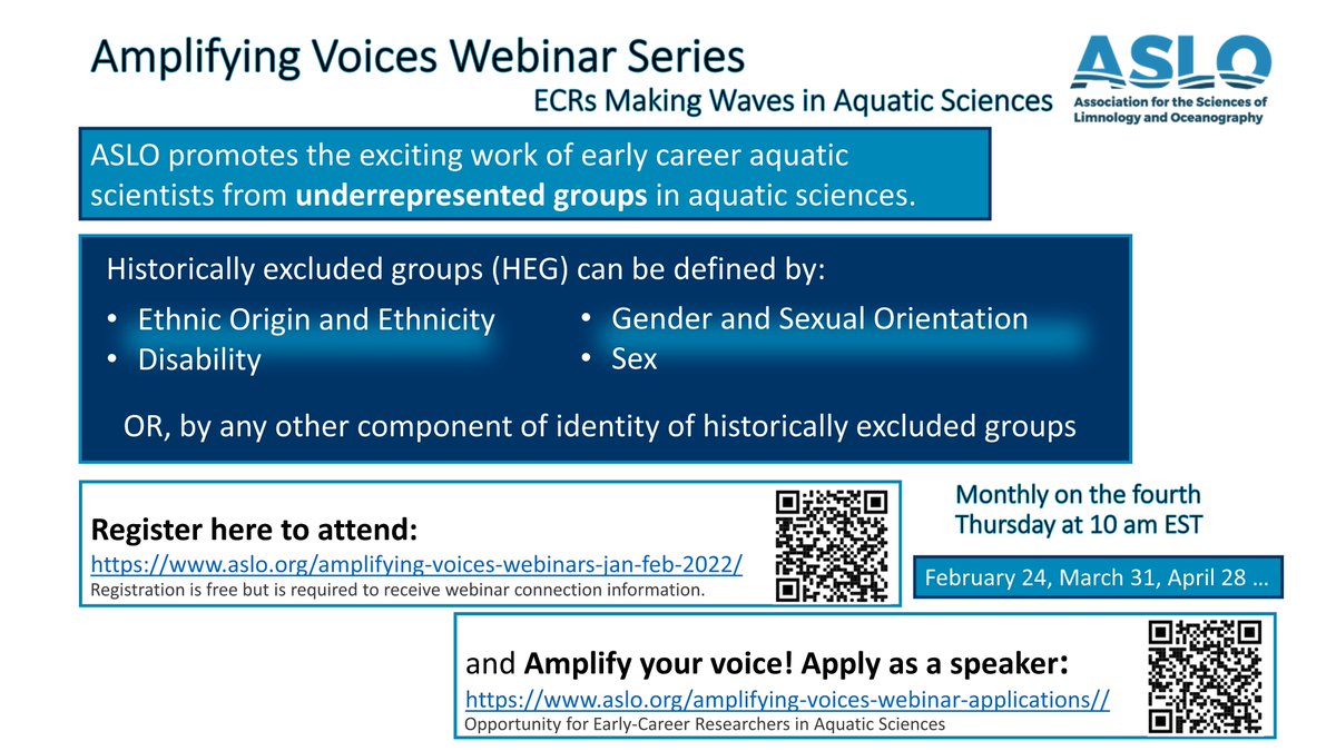 Are you an early-career stage #aquaticscientist belonging to a #HEG? Then we hope you’ll apply to be a speaker in the #ASLO_ECC Amplifying Voices Webinar Series. Improve your research visibility! Let us showcase the great work you've done! Apply bit.ly/3nNcigL. @aslo_org