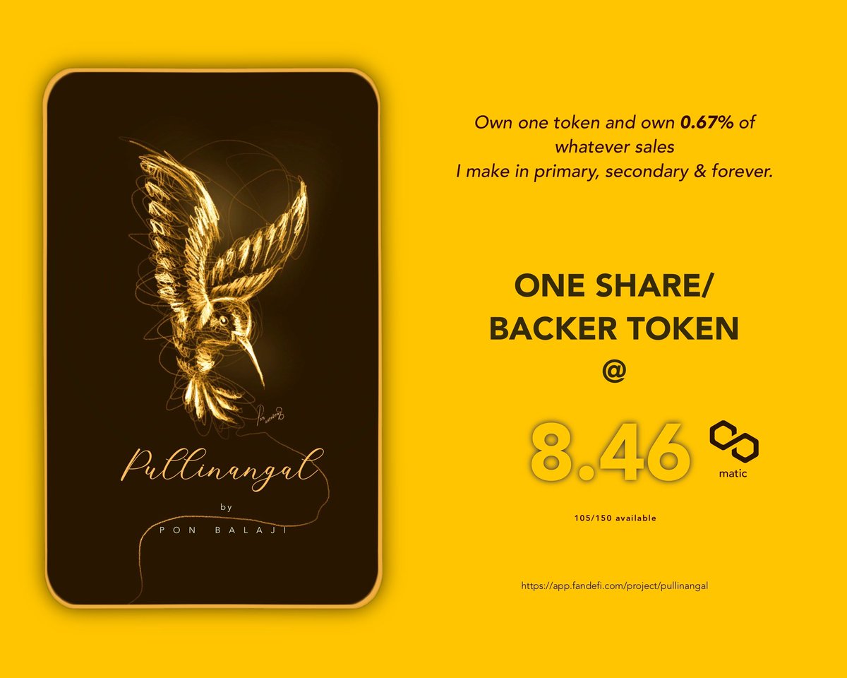 ponbalaji_'s tweet image. GM #NFTFAM !
(1) Project Pullinangal is now live on @fandefi_app 

You own 0.67% of my revenue in sales by owning one token. Guess what, there are 105 available as of now..

Do support and share by owning one token or by spreading the word!

app.fandefi.com/project/pullin…