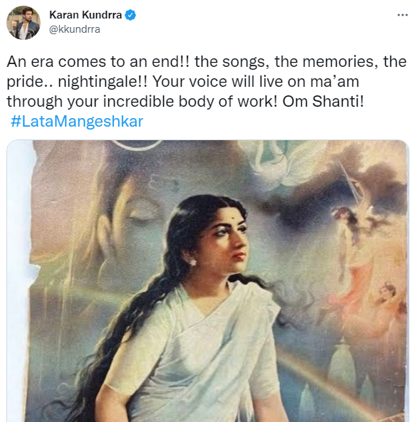 IndiaAheadNews's tweet photo. "An era comes to an end!!....: Actor #Karankundrra pays condolences on the demise of legendary singer #LataMangeshkar 
@kkundrra https://t.co/yaRY7cfdbF