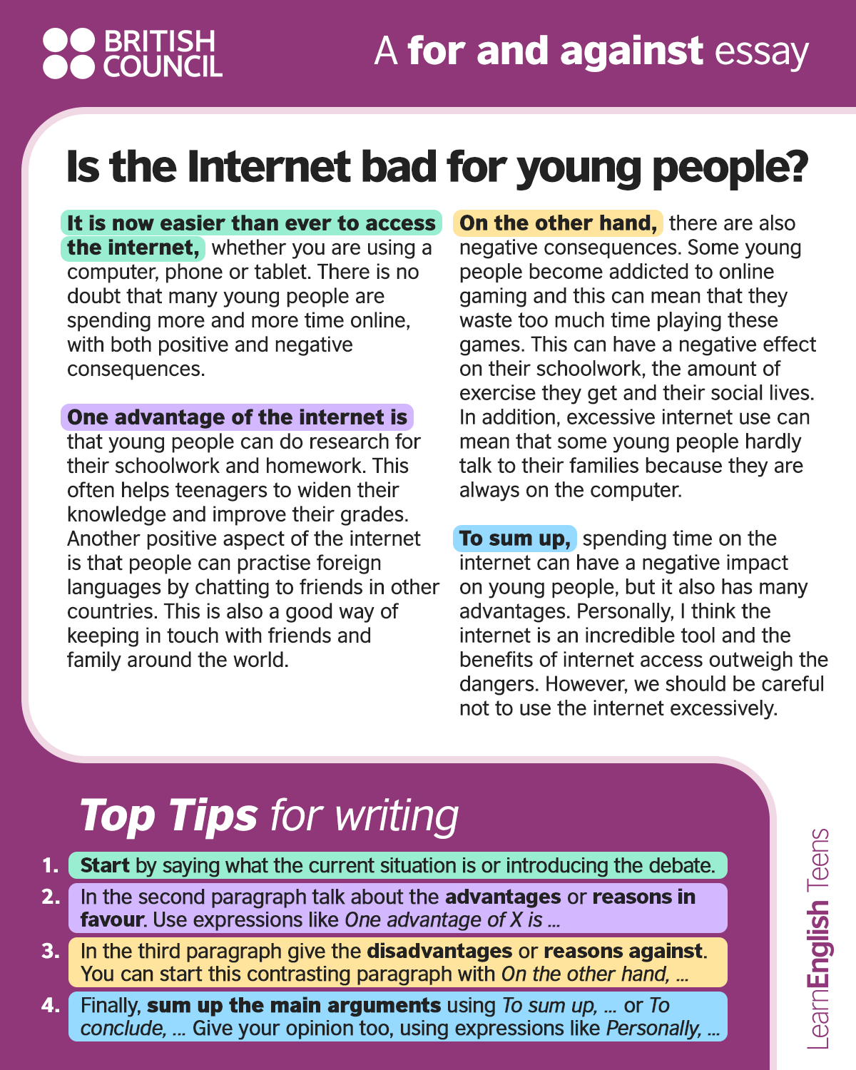 LearnEnglish on X: Is the internet bad for young people? Read this  example, then do the exercises here to learn more about writing a for and  against essay:  Click here for
