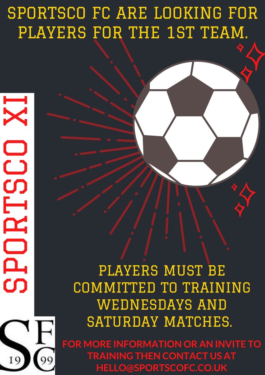 Sportsco first team are looking for players to add to their team. Training on Wednesday and match days on Saturdays.

If you would like more information or an invite to training then contact us at hello@sportscofc.co.uk.