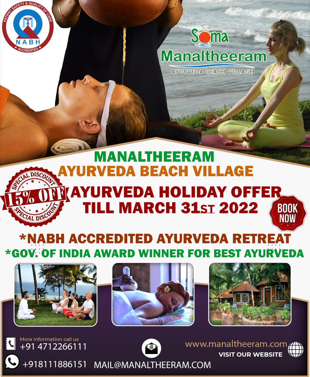 BabyMathew1's tweet photo. Soma Manaltheeram Ayurveda Beach Village Holiday Special offer 15% Discount till March 31st 2022. https://t.co/EyZ4TK0ENm